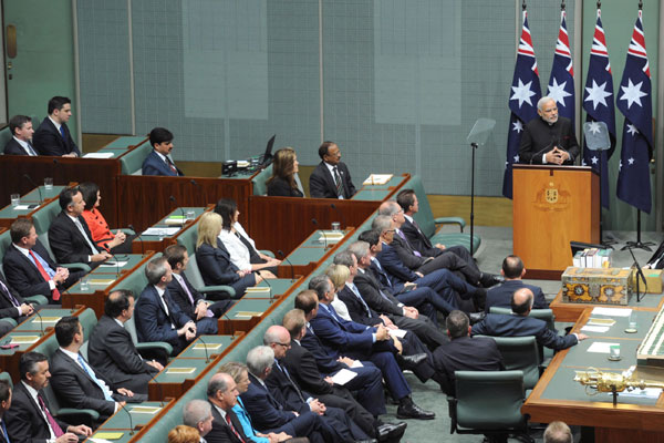 Narendra Modi being warmly received by the Prime Minister of Australia