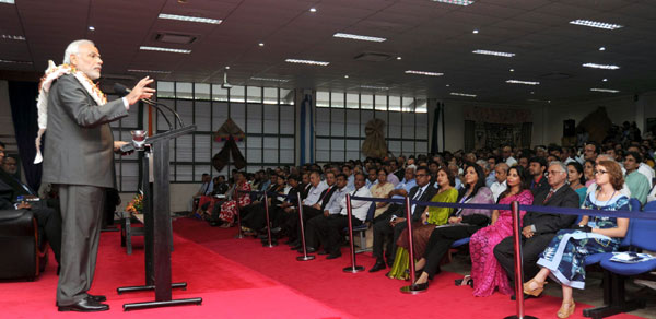 Modi being received on his arrival, at Nausori International Airport