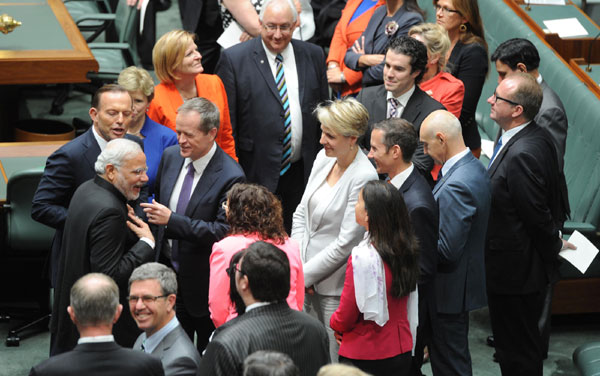 Narendra Modi being warmly received by the Prime Minister of Australia