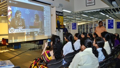 Miss America interacts with students