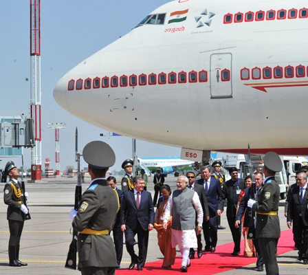 Modi arrives at "Tashkent -1" Airport, in Tashkent, Uzbekistan