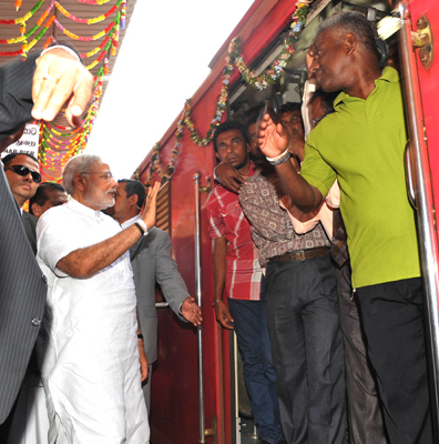 Modi flagging off the Talaimannar-Madu Road train, in Sri Lanka 