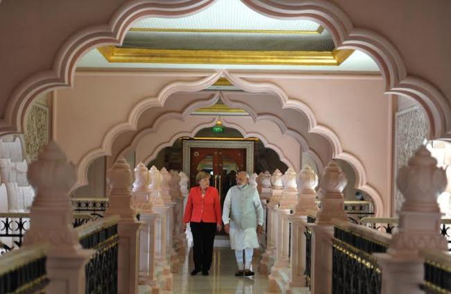 Narendra Modi and the German Chancellor, Dr. Angela Merkel visiting the Robert Bosch Engineering & Innovation Centre, in Bengaluru