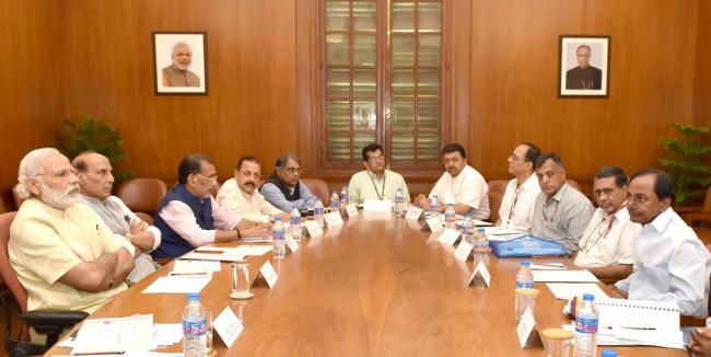 Narendra Modi meeting the Chief Minister of Telangana, Shri K. Chandrashekar Rao to discuss drought situation