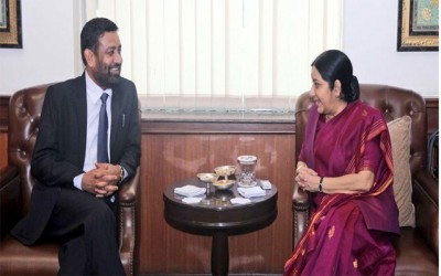 Nepal's  Special Envoy and Deputy PM Bimalendra Nidhi meets Sushma Swaraj