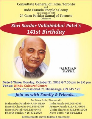 Toronto to observe Sardar Vallabhbhai Patel birthday
