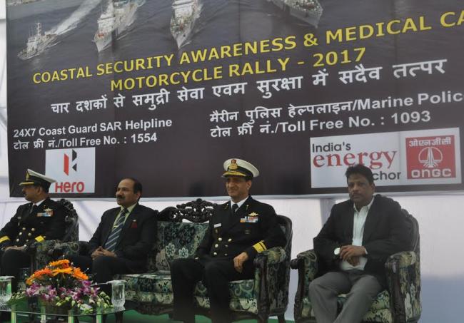 The former Air Chief Marshal Arup Raha flagging off the Coast Guard Motor Cycle Rally Cum Medical Campaign