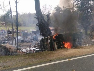 Assam : Three killed as oil tanker overturns and  explodes