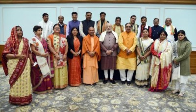 Narendra Modi meets UP Chief Minister Yogi Adityanath,  newly elected mayors 