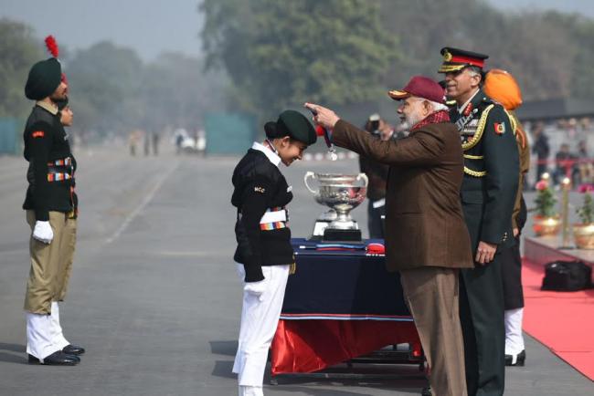 Narendra Modi inspecting the Guard of Honour, during the Prime Ministerâ€™s NCC Rally
