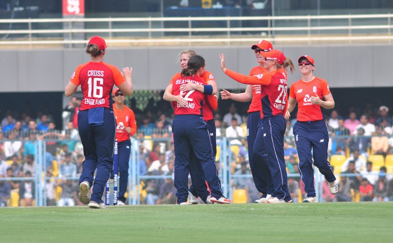  T20 women: Indian players celebrating dismissal of Englands Danielle Wyatt 