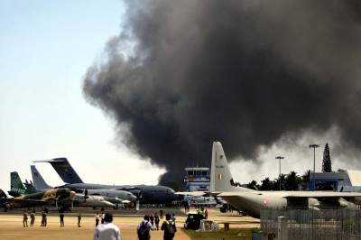Major fire  at a parking area near Aero India show in Bangalore