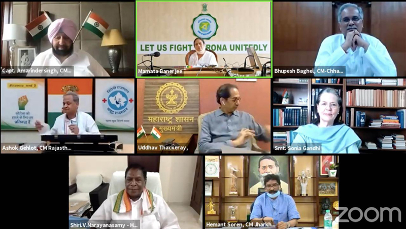 Congress President Sonia Gandhi in discussion with Chief Ministers of seven states