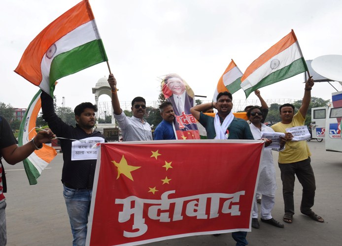 Demonstrators reject Chinese products during protest in Patna