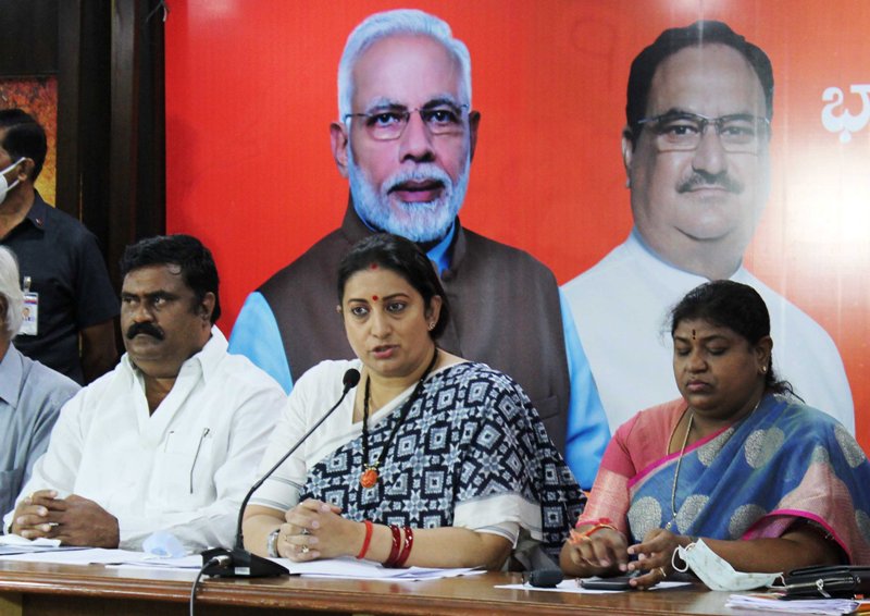 Smriti Irani addressing press conference in Hyderabad
