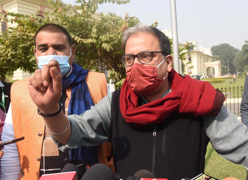 RJD MP Manoj Jha interacts with media