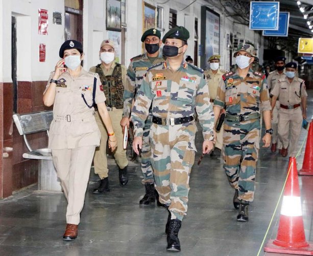 Patrolling during mock drill at Jammu Tawi Railway Station