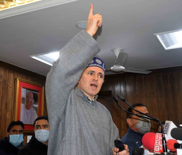 Omar Abdullah addresses party workers at headquarters in Srinagar