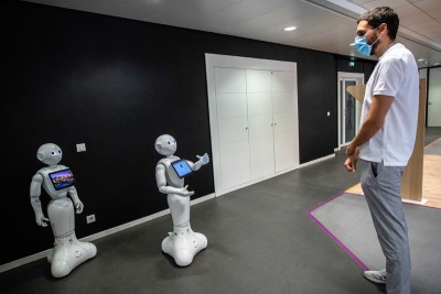 Pepper robots are seen at SoftBank Robotics in Paris