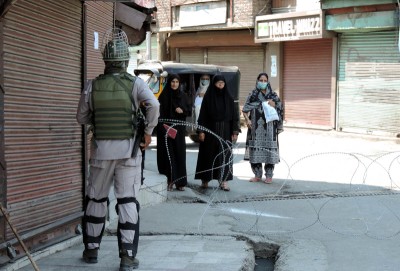 Security personnel patrolling near the Sher-e-Kashmir Cricket Stadium