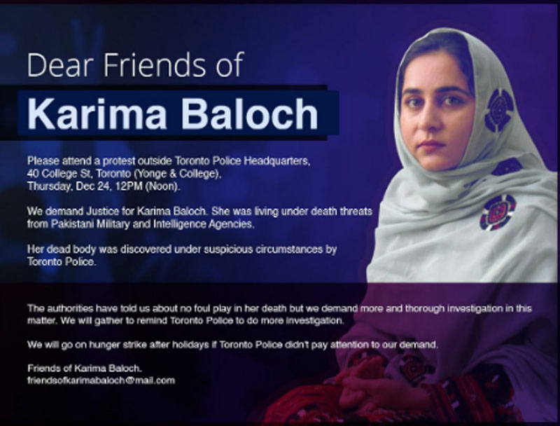 Protesters demand fair probe into Karima Baloch's death in Toronto