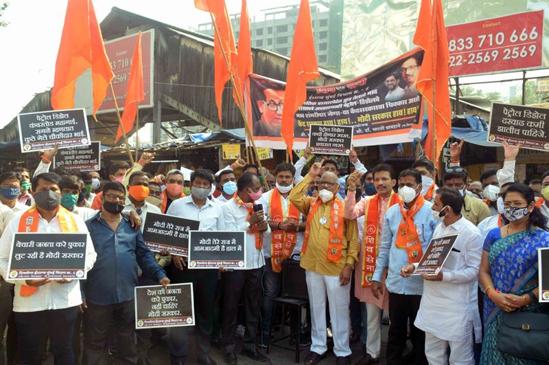 Shiv Sena workers holds protest against fuel prices hike in Mumbai on Thursday