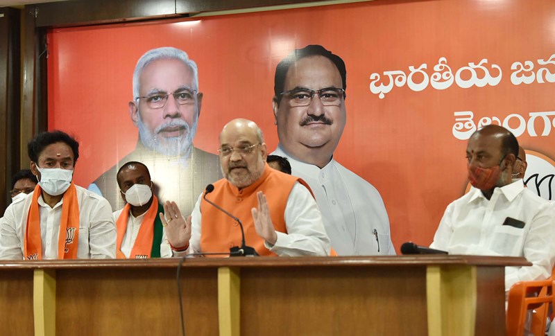 Amit Shah addresses press conference in Hyderabad