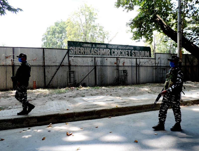 Security personnel patrolling near the Sher-e-Kashmir Cricket Stadium