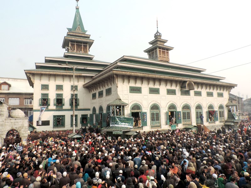 Devotees praying at Dastgeer Sahab shrine in J&K's Srinagar