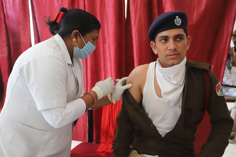 RPF Jawan receives Covishield dose in Prayagraj