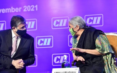 Nirmala Sitharaman addressing the CII Global Economic policy summit in Delhi