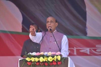 Rajnath Singh addressing an election campaign rally ahead of the Assam assembly polls