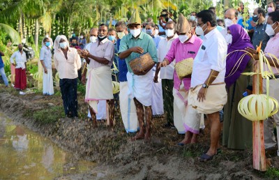 Kerala Agriculture Minister P Prasad planting paddy seeds