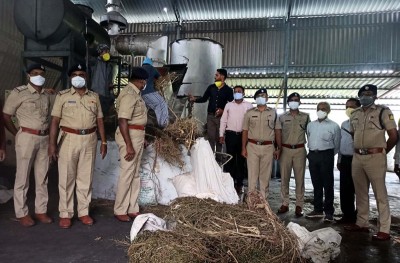 Police officials destroying 787kg seized drugs, ganja and poppy husk in Harugoppa village