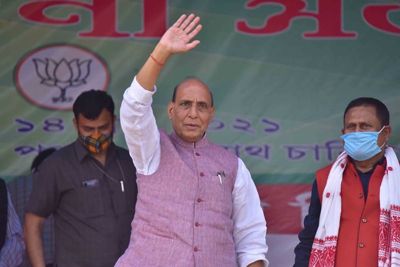 Rajnath Singh addressing an election campaign rally ahead of the Assam assembly polls