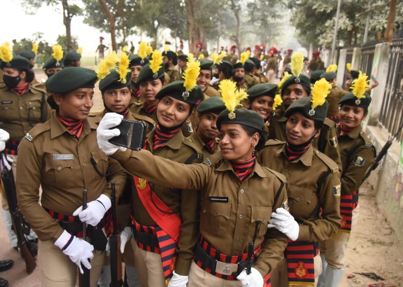 Police personnel marching during full dress rehearsal for Republic Day
