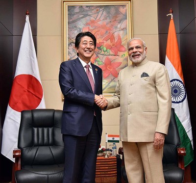 File photos of ex-Japanese PM Shinzo Abe with PM Modi during former's India visit in Sept 2017