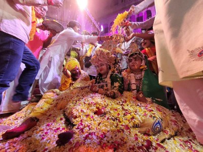 Flower Holi at Yamuna ghat in Vrindavan