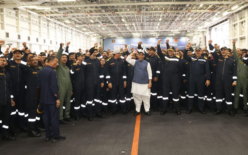 In Images: Rajnath Singh addresses officers onboard INS Vikrant