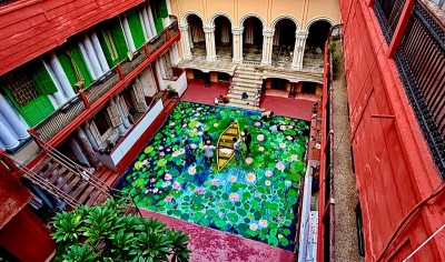 In Images: 3D Alpana Adorns Raj Krishna Mitra’s Dorjipara Home for Durga Puja