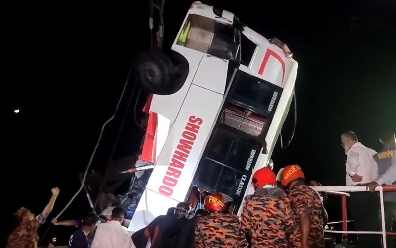 Bus accident in Bangladesh leaves 16 dead as rescuers search river for missing passengers.