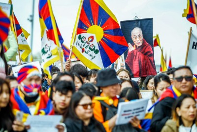 Tibetan women-in-exile members demonstrate against Chinese authorities in Shimla