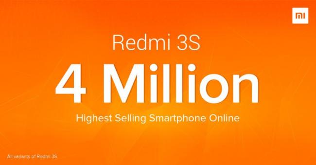 Redmi sells four million units of its Redmi 3S smartphone in 9 months