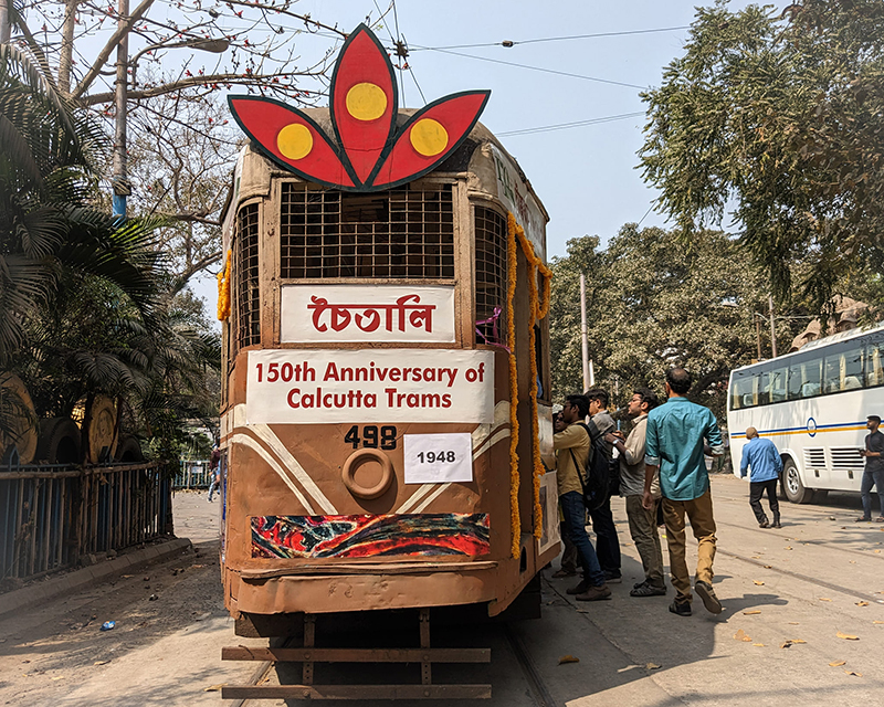 An old tramcar decorated for Tram Yatra