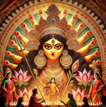 Image: A vibrant depiction of Goddess Durga, radiating divine energy, surrounded by symbols of the sacred feminine such as lotuses, a trishul (trident), and crescent moons. Around her, women of different ages and backgrounds, dressed in traditional Bengali sarees, perform rituals and offer flowers, embodying reverence and strength.