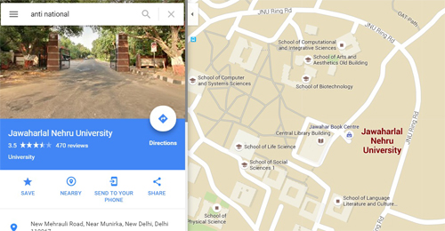 Typing 'anti-national' takes netizens to JNU on Google maps