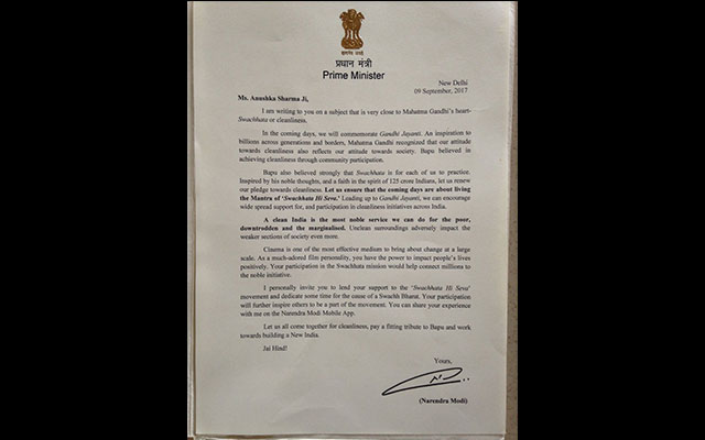 PM Modi invites Bollywood actress Anushka Sharma to be part of Swachhata Hi Seva movement