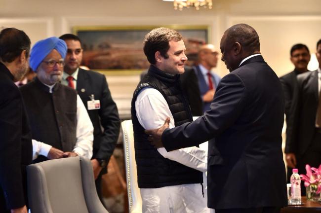 South African President Cyril Ramaphosa meets Congress leaders Rahul Gandhi, Manmohan Singh