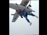 Union minister Gajendra Singh Shekhawat skydives on World Skydiving Day; launches skydiving aircraft.