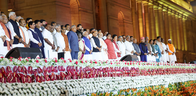  President, Droupadi Murmu, the Vice President, Jagdeep Dhankhar with the Prime Minister Narendra Modi and the other members of Council of Ministers after the Swearing-in Ceremony, at Rashtrapati Bhavan, in New Delhi on June 09, 2024.